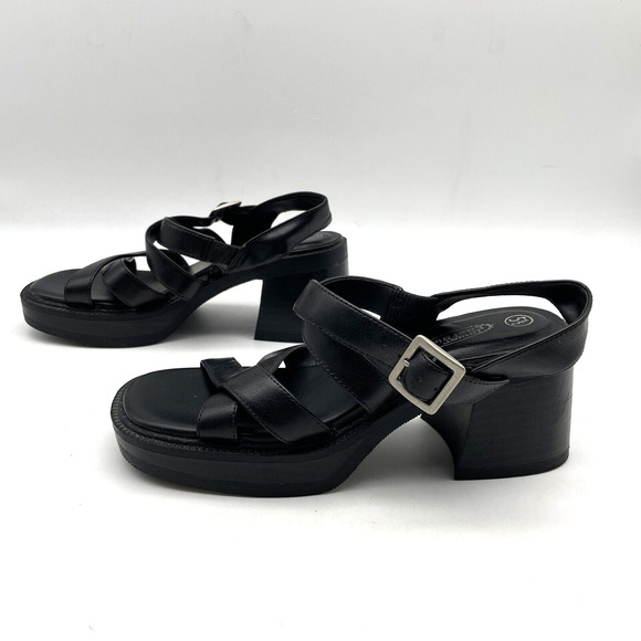 Vintage 90s Y2K Lower East Side Black Faux Leather Strappy Block Heel Sandal 5.5 - Picture 5 of 16